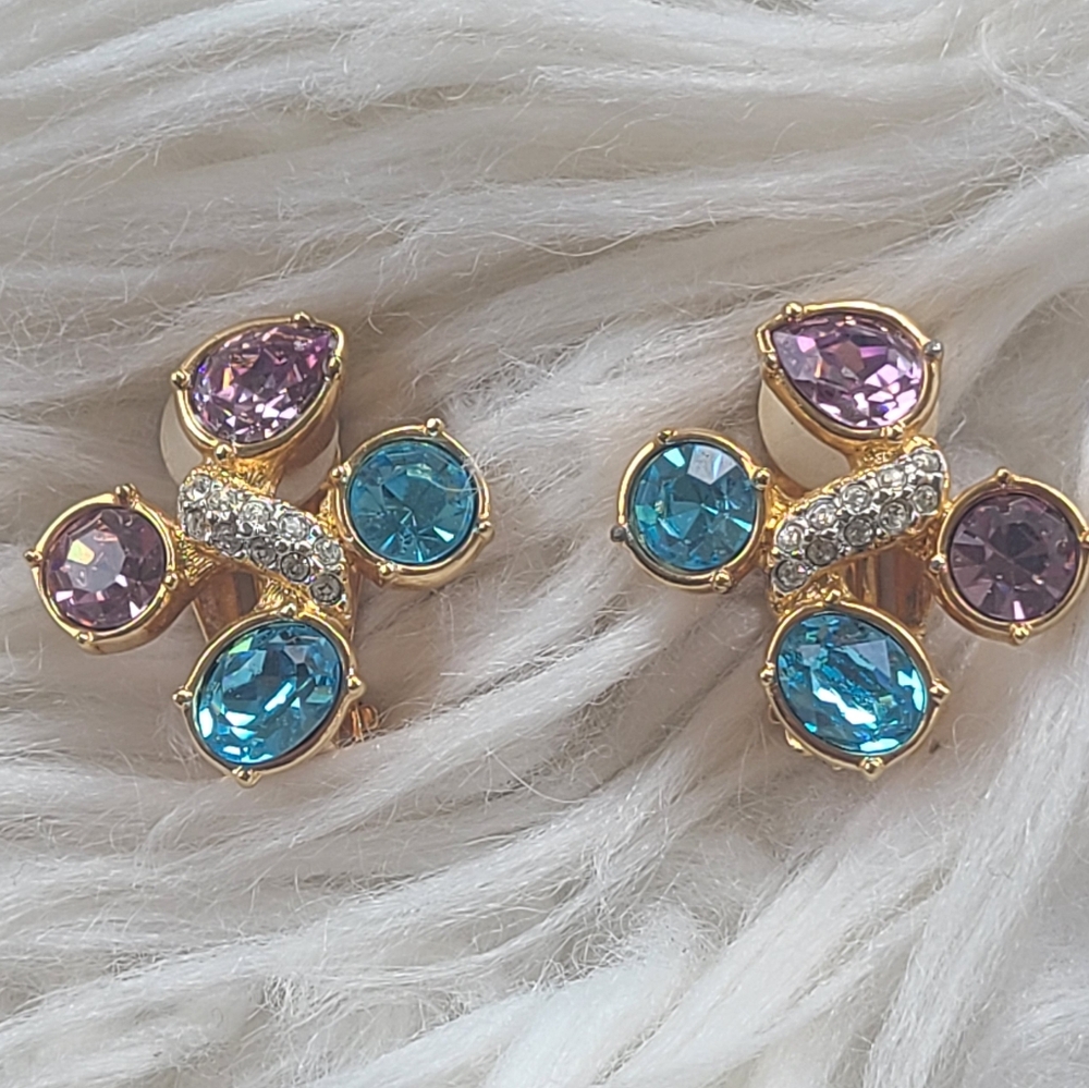 Rare Swarovski Stamped Blue and Pink Crystal Clip-On Earrings- Great Condition
